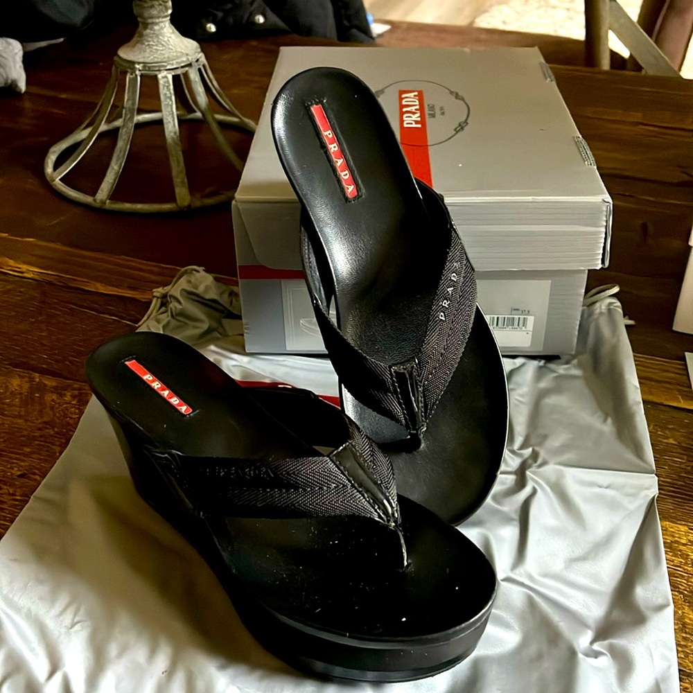 Prada Vernice Ribbon Sandal 37